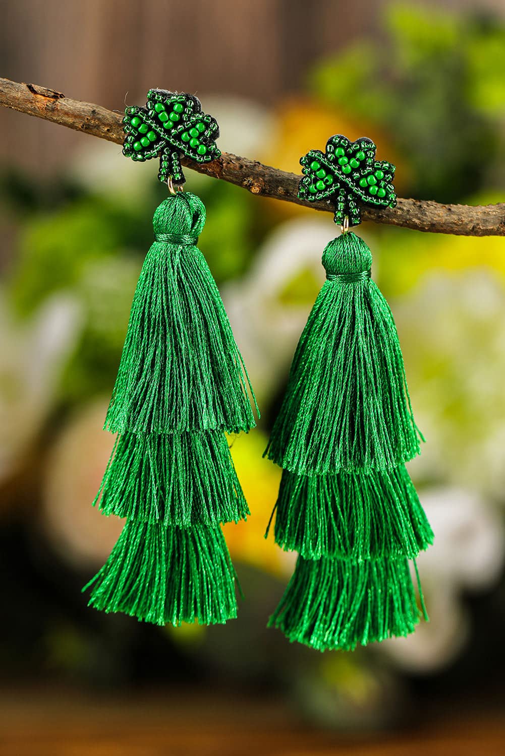 St.Patricks Day Earrings Green Clover Shamrock Beaded Earrings Handmade long Tassel Statement Dangle Earrings Jewelry for Women (St.patricks Earrings A)