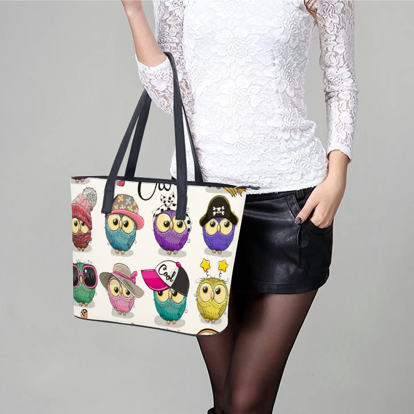 Womens Handbag Owl Pattern Leather Tote Bag Top Handle Satchel Bags For Lady