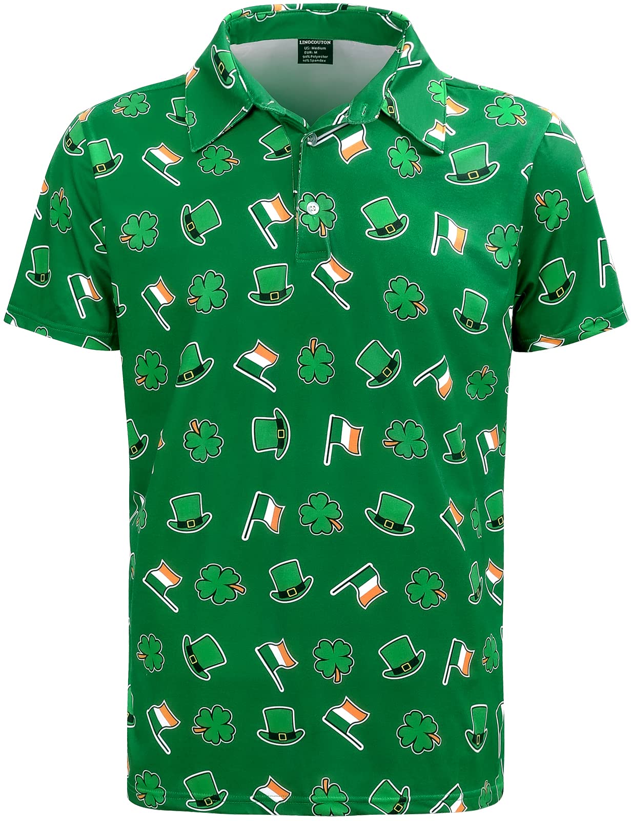 Men's Saint Patricks Day Polo Shirt Irish Shamrock Four Leaf Lucky Clover Short Sleeve Golf Top, Dark Green, Medium