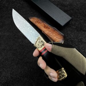 HUAAO Handmade Damascus Hunting Knife, 8.5'' Fixed Blade Knife with Leather Sheath and Ebony Handle, EDC Skinning Knife, for Camping Hiking