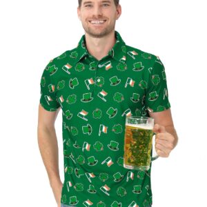 Men's Saint Patricks Day Polo Shirt Irish Shamrock Four Leaf Lucky Clover Short Sleeve Golf Top, Dark Green, Medium