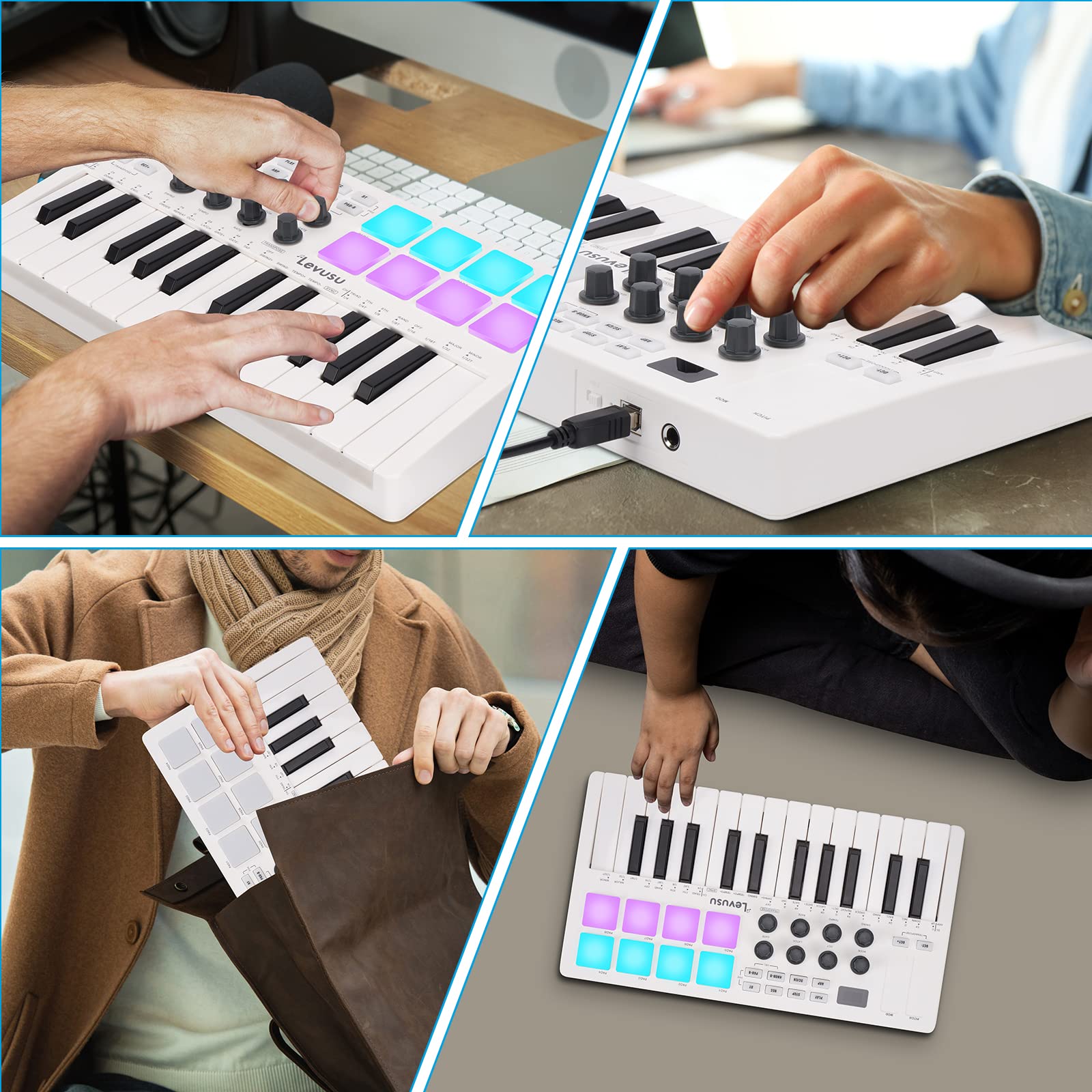 25 Key Bluetooth USB MIDI Keyboard Controller With 8 Backlit Drum Pads, Portable Rechargeable Dynamic Keybed 8 Knobs and Music Production, Smart Chord, Scale Modes, Software Included (White)