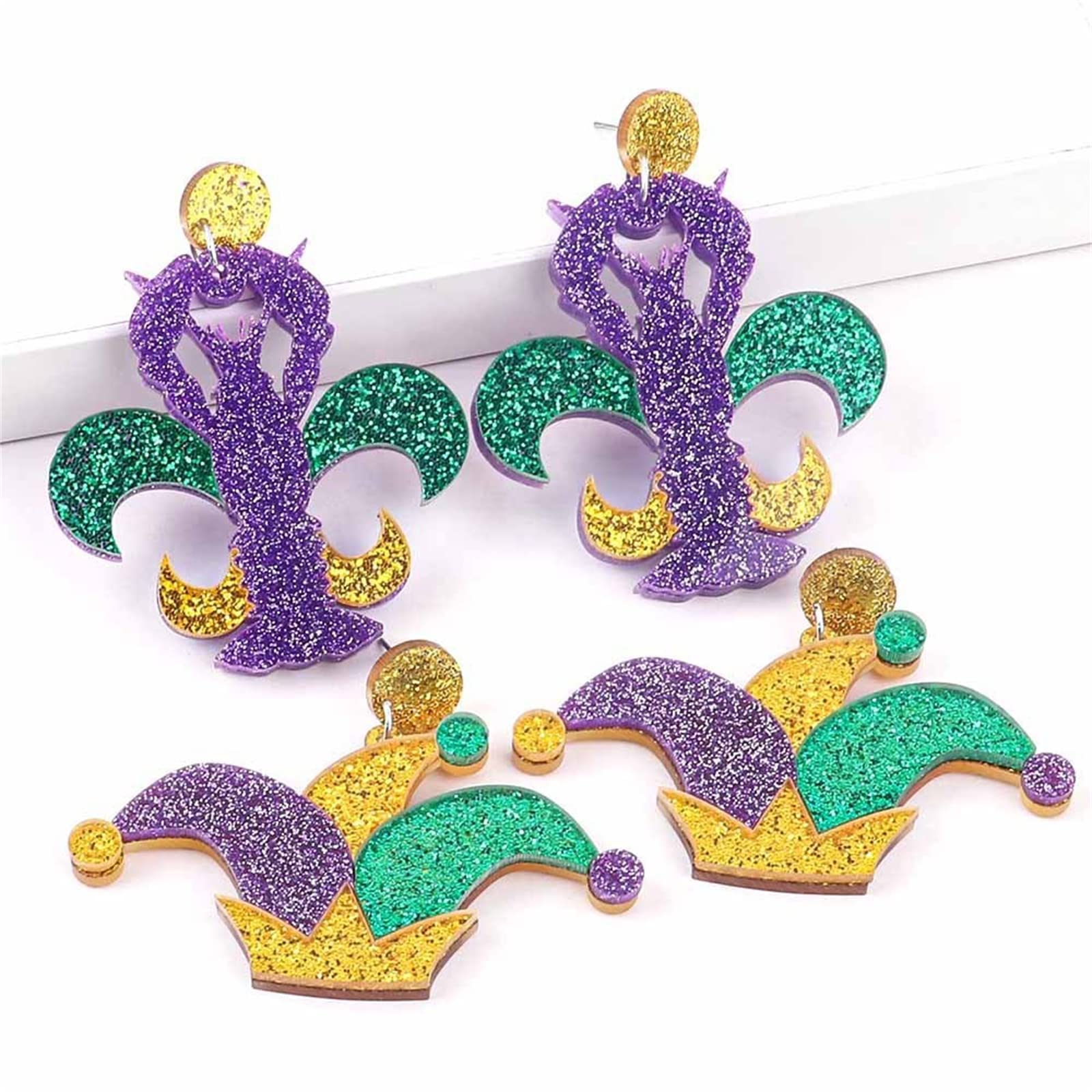 Dreuyet Mardi Gras Earring Colorful Acrylic Carnival Cosplay Party Earring Crown Carnival Mask Letter MARDI GRAS Dangle Earrings Funny Drop Earrings (A)