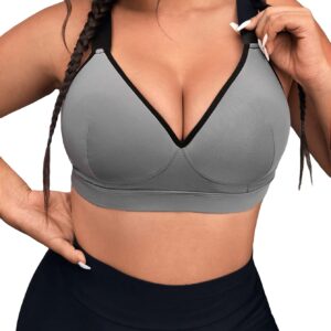 COZYEASE Women's Plus Size Sports Bra High Impact Gym Padded Sports Bra for Women Grey 2XL