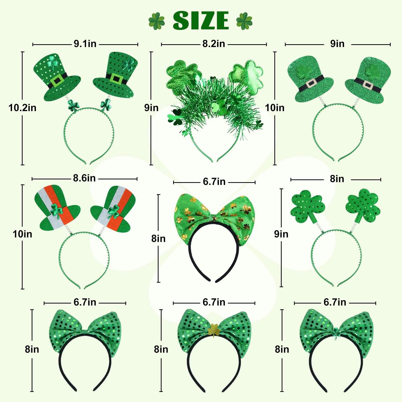 Oiuros 9PCS St Patricks Day Headband Women, St.Patrick'S Day Green Shamrock Clover Headband for Women Girls Hair Accessories Headwear