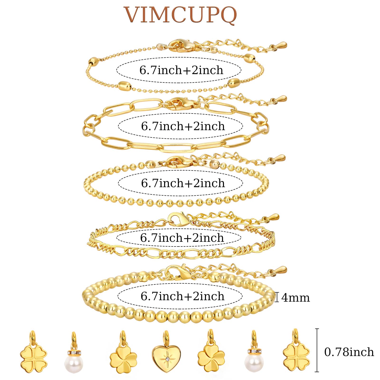 VIMCUPQ Gold Chain Bracelets set for Women, 18K Gold Plated Charm Bracelet Dainty Adjustable Stackable Bracelets Trendy Layered Link Pearl Heart Lucky Clover Charms Bracelets