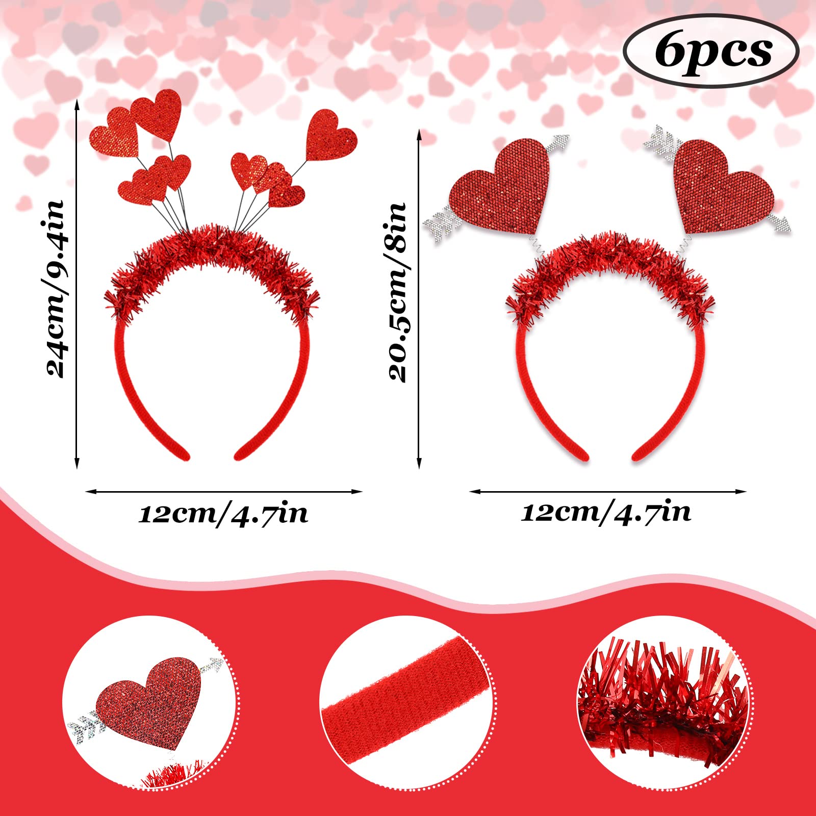 Whaline Valentine's Day Party Accessories 6Pcs Glitter Red Heart Bopper Headbands and 6 Pairs Heart Shape Eyeglasses Love Arrow Sparkling Hairband Transparent Eyewear for Wedding Party Favor Supplies