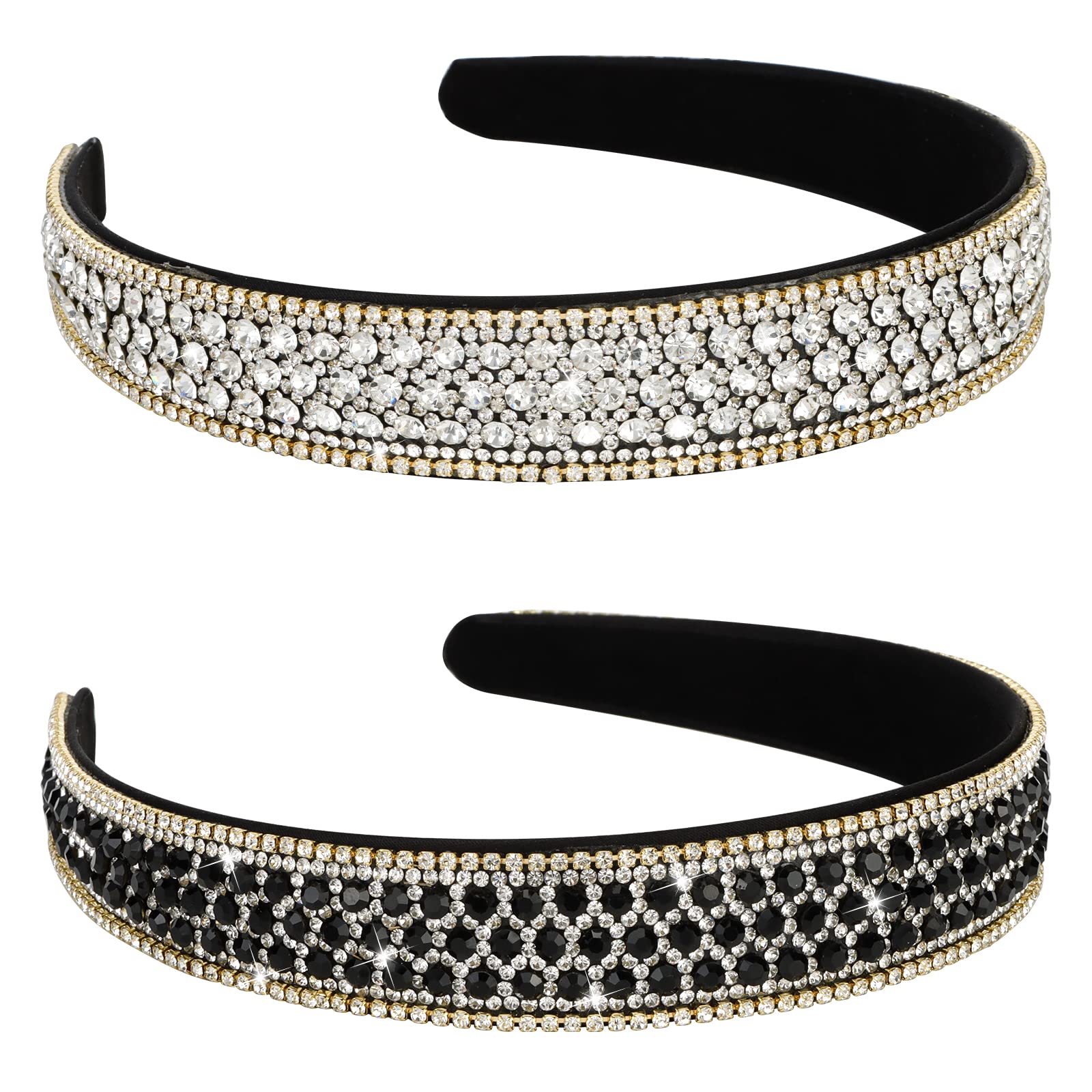 YISSION 2 PCS Rhinestone Headbands for Women, Glitter Crystal Headband Fashion Jeweled Headbands for Girls, Gorgeous Hair Accessories for Women Silver Black