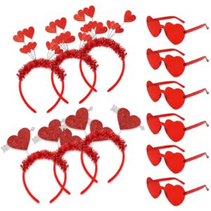 Whaline Valentine's Day Party Accessories 6Pcs Glitter Red Heart Bopper Headbands and 6 Pairs Heart Shape Eyeglasses Love Arrow Sparkling Hairband Transparent Eyewear for Wedding Party Favor Supplies