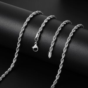 Fiusem Silver Tone Chain Necklace for Men, 5mm Mens Chain Necklace, Stainless Steel Rope Chain for Men and Women, Mens Necklace 20 Inch