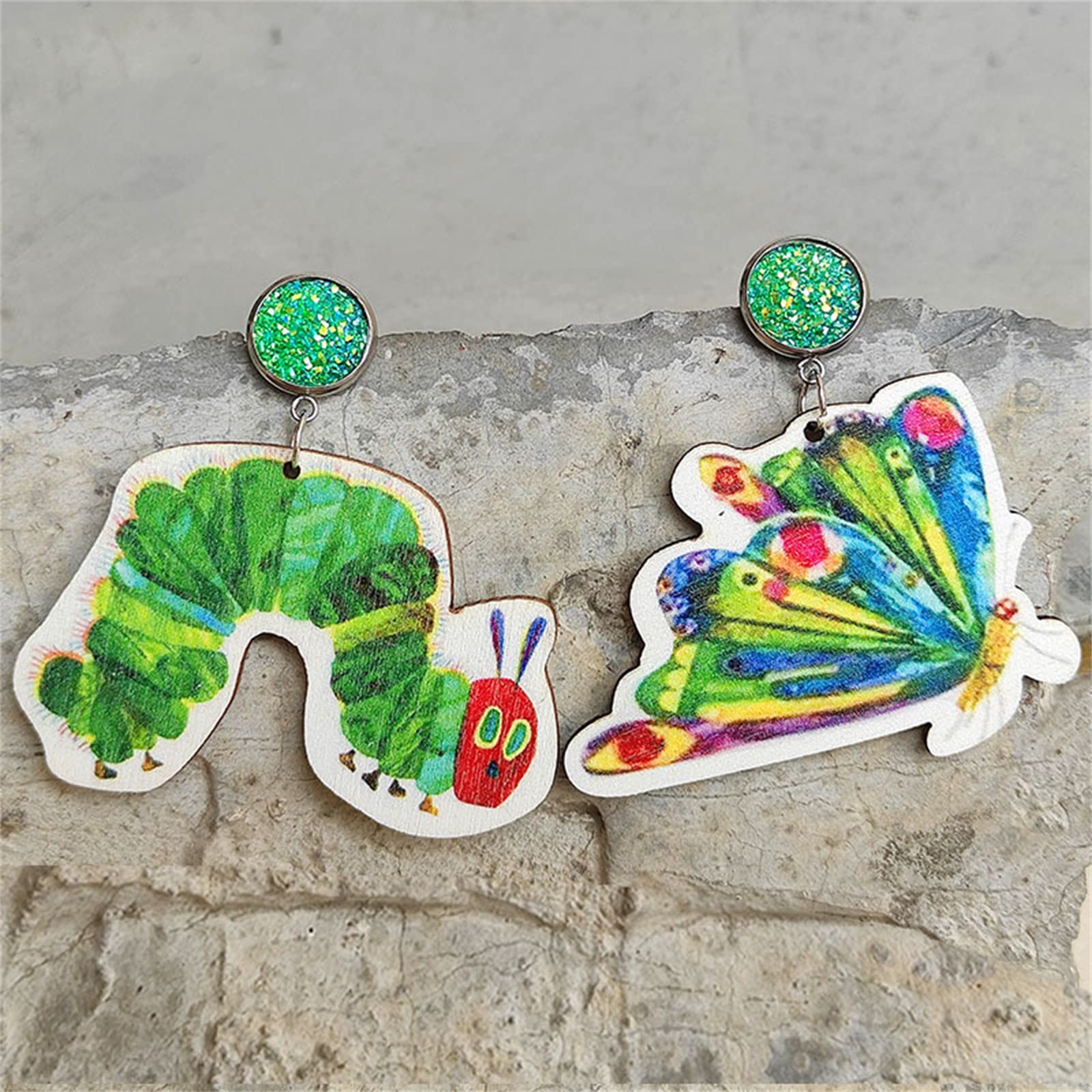 Dreuyet Handmade Earring Teacher Earrings Acrylic Cartoon Animal Drop Earrings Hungry Caterpillar Earring for Women Reading Teachers Gift (C Caterpillar)