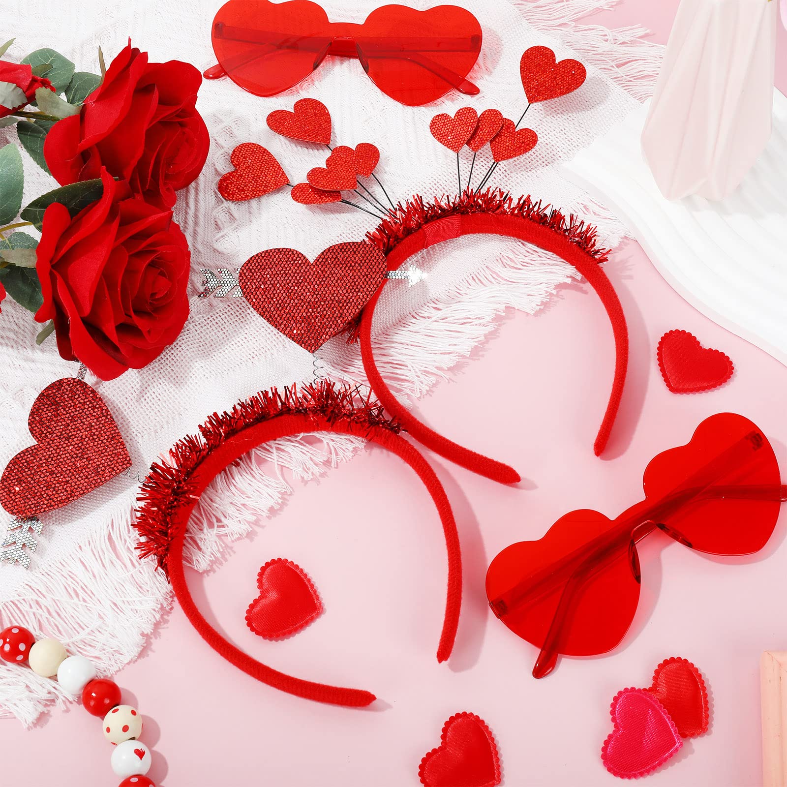 Whaline Valentine's Day Party Accessories 6Pcs Glitter Red Heart Bopper Headbands and 6 Pairs Heart Shape Eyeglasses Love Arrow Sparkling Hairband Transparent Eyewear for Wedding Party Favor Supplies