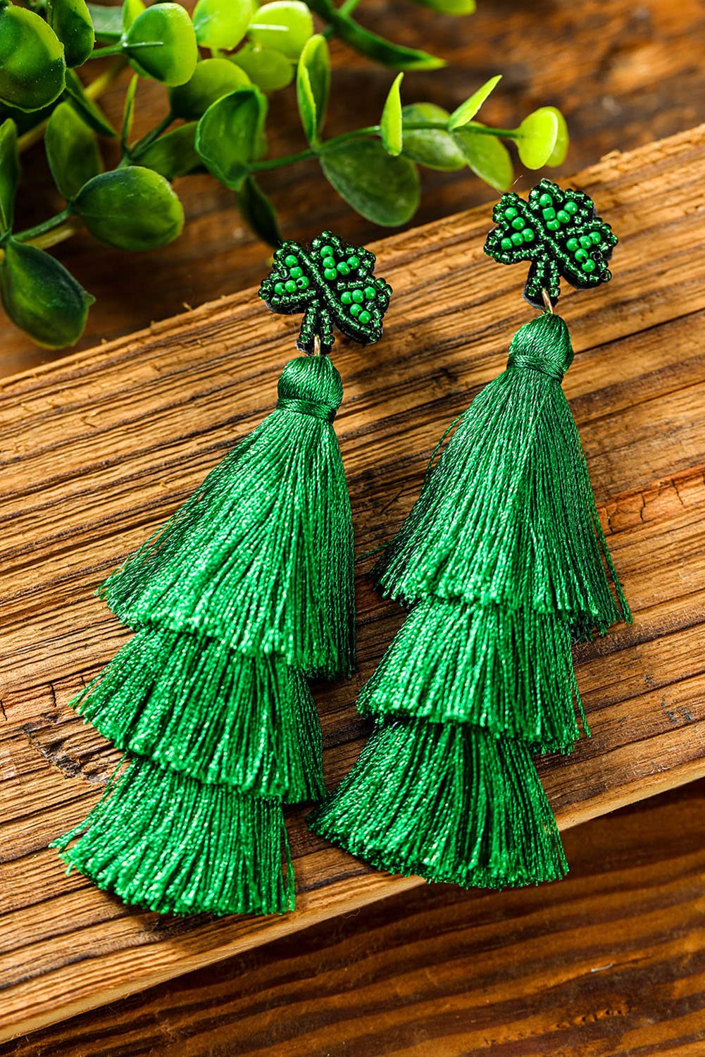 St.Patricks Day Earrings Green Clover Shamrock Beaded Earrings Handmade long Tassel Statement Dangle Earrings Jewelry for Women (St.patricks Earrings A)