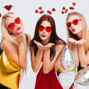 Whaline Valentine's Day Party Accessories 6Pcs Glitter Red Heart Bopper Headbands and 6 Pairs Heart Shape Eyeglasses Love Arrow Sparkling Hairband Transparent Eyewear for Wedding Party Favor Supplies