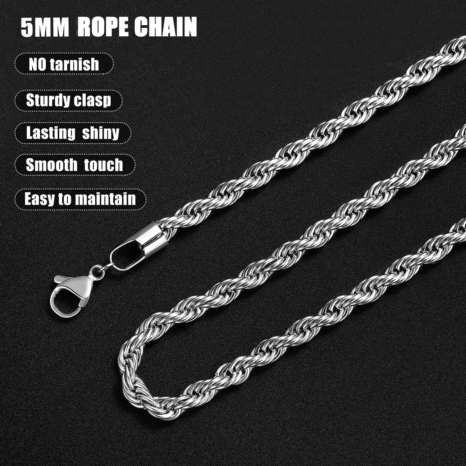 Fiusem Silver Tone Chain Necklace for Men, 5mm Mens Chain Necklace, Stainless Steel Rope Chain for Men and Women, Mens Necklace 20 Inch