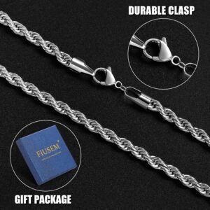 Fiusem Silver Tone Chain Necklace for Men, 5mm Mens Chain Necklace, Stainless Steel Rope Chain for Men and Women, Mens Necklace 20 Inch