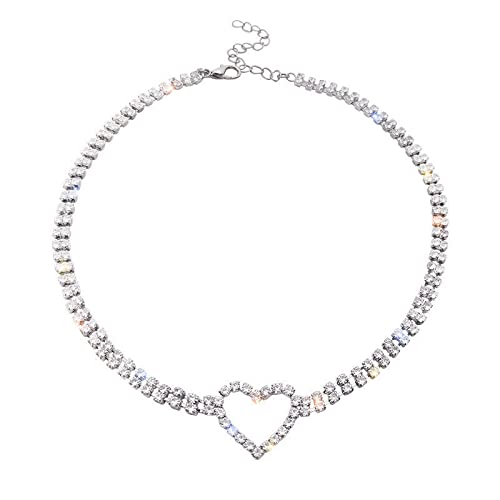 JONKY Rhinestone Choker Necklace Silver Heart Necklaces Crystal Chokers Bling Neck Jewelry for Women (Heart Choker)