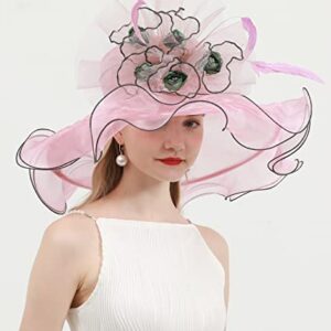 TLMNU Women Derby Church Hat Organza Flower Wedding Tea Party Fascinator Hat Wide Brim Sun Hat A2-Pink with Flower