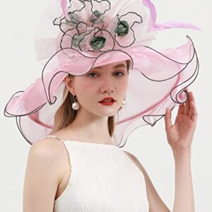 TLMNU Women Derby Church Hat Organza Flower Wedding Tea Party Fascinator Hat Wide Brim Sun Hat A2-Pink with Flower