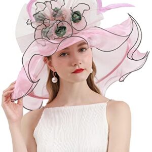 TLMNU Women Derby Church Hat Organza Flower Wedding Tea Party Fascinator Hat Wide Brim Sun Hat A2-Pink with Flower