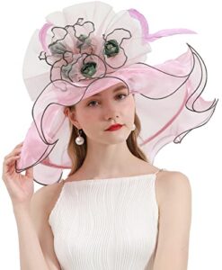 tlmnu women derby church hat organza flower wedding tea party fascinator hat wide brim sun hat a2-pink with flower