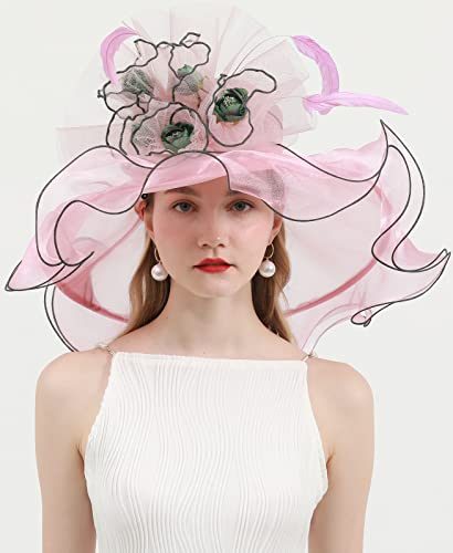 TLMNU Women Derby Church Hat Organza Flower Wedding Tea Party Fascinator Hat Wide Brim Sun Hat A2-Pink with Flower