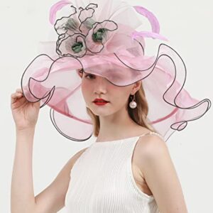 TLMNU Women Derby Church Hat Organza Flower Wedding Tea Party Fascinator Hat Wide Brim Sun Hat A2-Pink with Flower