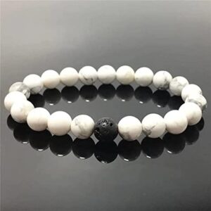 YONKU White Howlite Beaded Natural Stone Healing Energy Bracelet for Women, Adjustable Elastic Bracelet for Men, Gift For Her & Him 8mm 7" Beaded Yoga Chakra Brace YO-BRACE-7579