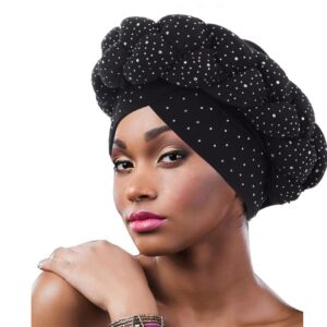 Urieo Twisted Braid Head Wrap Black Rhinestone Turban Hat African Beanie Headwrap for Women