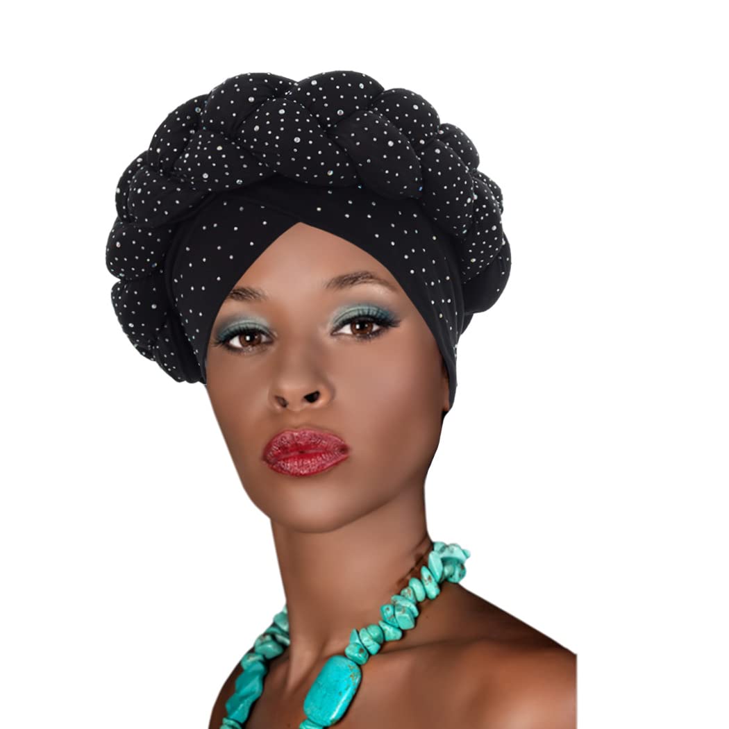 Urieo Twisted Braid Head Wrap Black Rhinestone Turban Hat African Beanie Headwrap for Women