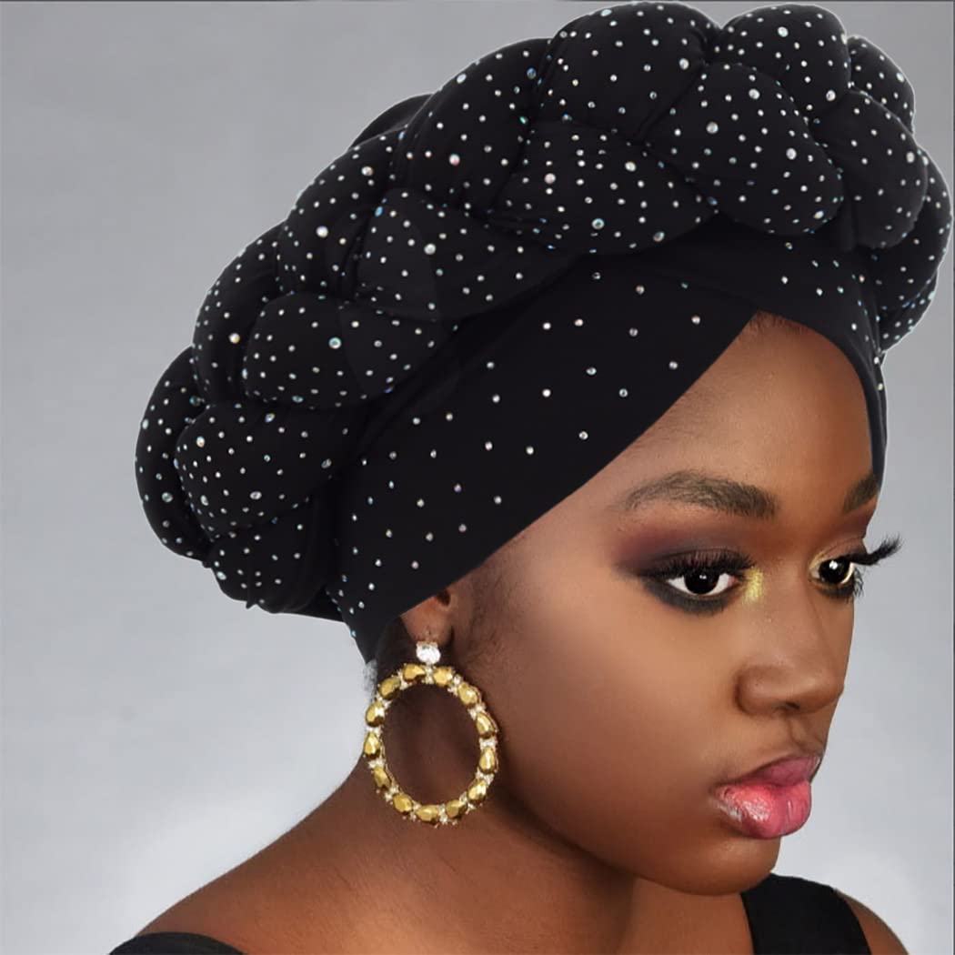 Urieo Twisted Braid Head Wrap Black Rhinestone Turban Hat African Beanie Headwrap for Women