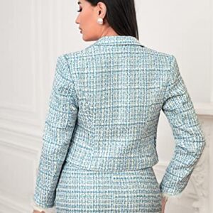 WePurchase Plaid Lapel Collar Fuzzy Cuff Single Button Tweed Overcoat (Color : Mint Blue, Size : Medium)