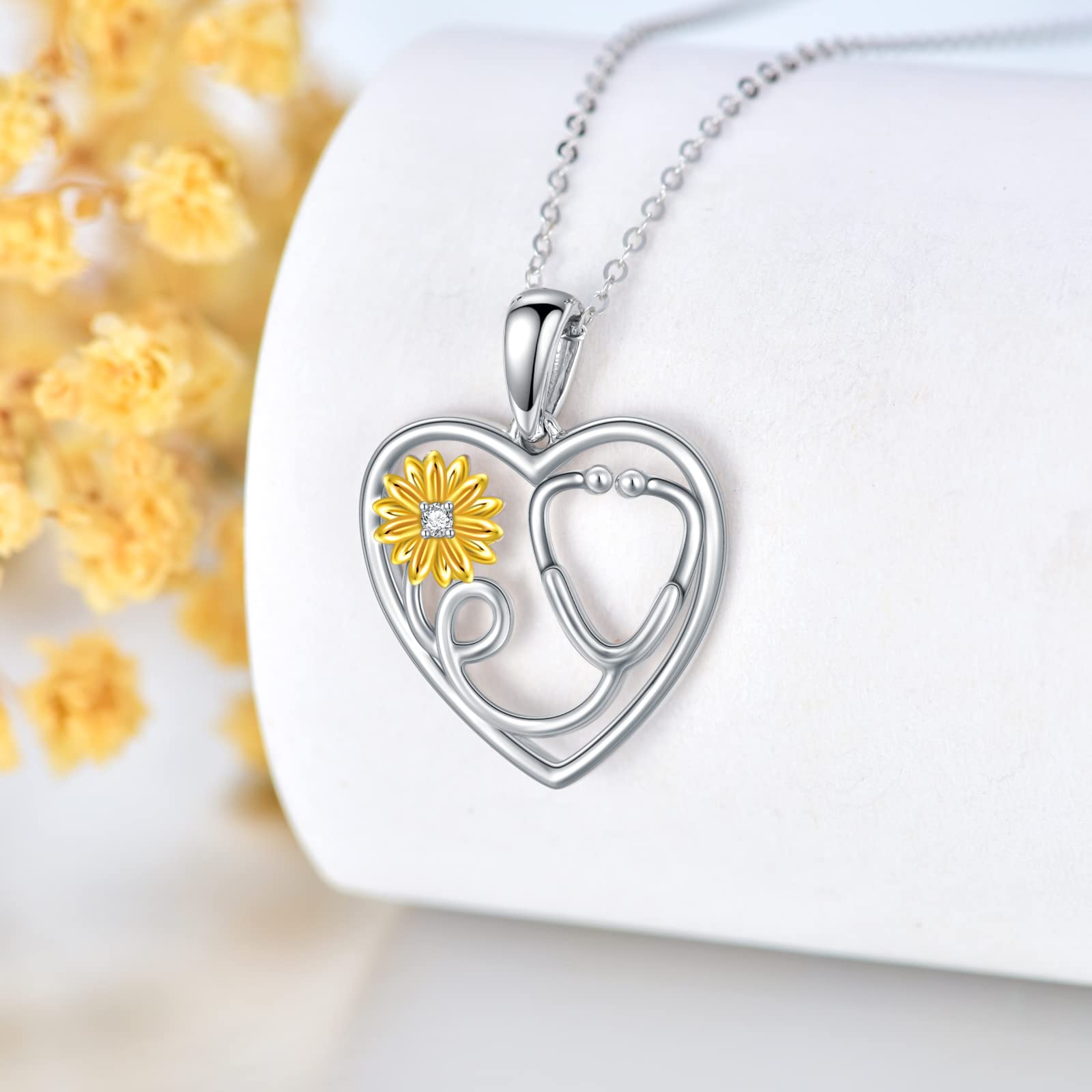 MOTIEL Personalized Heart Stethoscope Necklace 10K 14K 18K Gold Nurse Necklaces for Women Sunflower Medical Necklace for Nurses Gifts (White Gold)