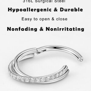 16g 8mm Silver 316L Surgical Steel Septum Rings Cubic Zirconia Nose Piercing Ring Twisted Hinged Nose Rings Hoop Cartilage Earring Lip Tragus Daith Rook Helix Piercing Jewelry 16 Gauge Septum Clicker