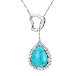 BETHZA Natural Turquoise Necklace for Women with Heart 925 Sterling Silver Genuine Teardrop Turquoise Y-Necklaces Jewelry Gifts for Christmas Birthday