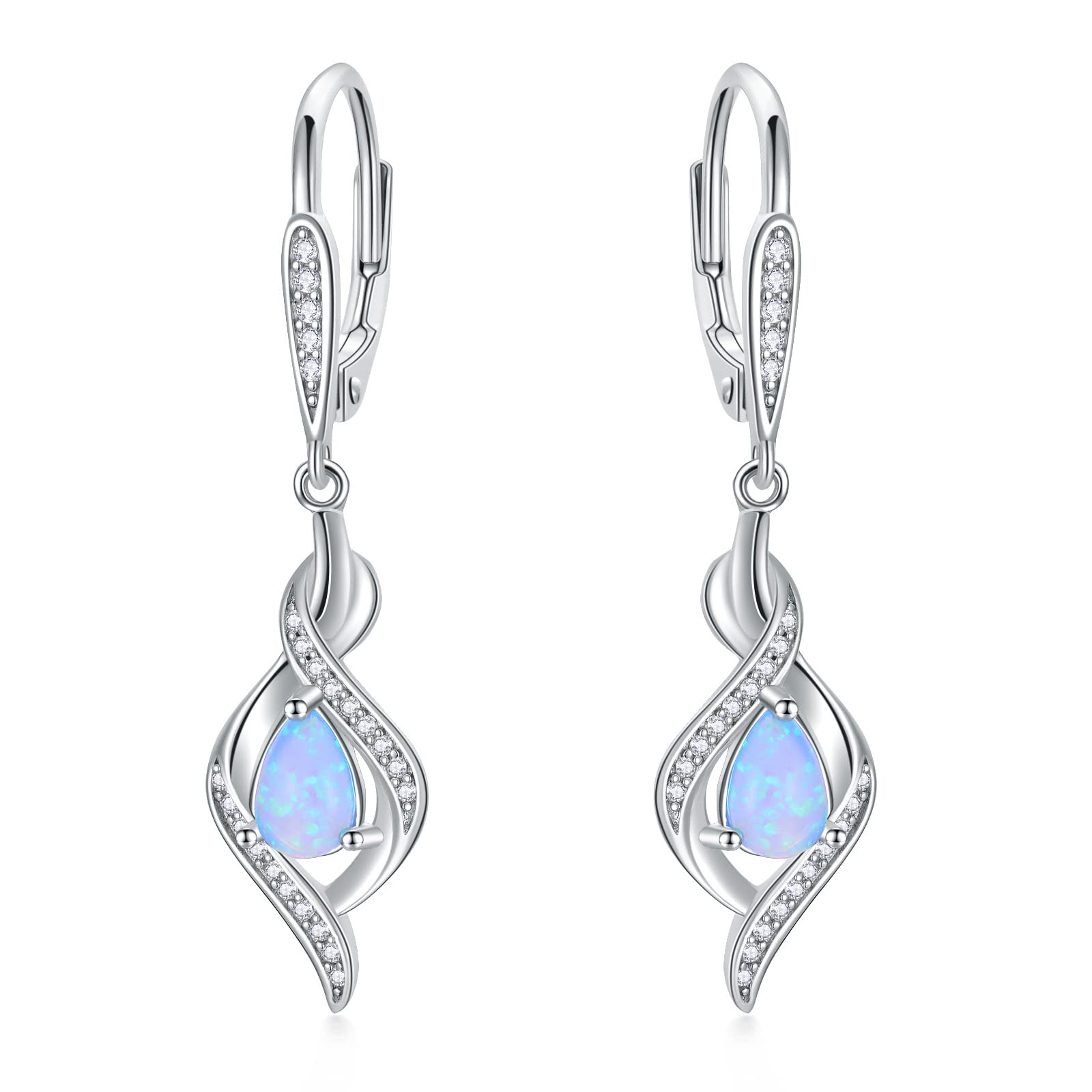 VONALA Opal Earrings 925 Sterling Silver Blue Opal October Birthstone Dangle Drop Dangly Leverback Earrings Valentine's Day Jewelry Gifts for Women