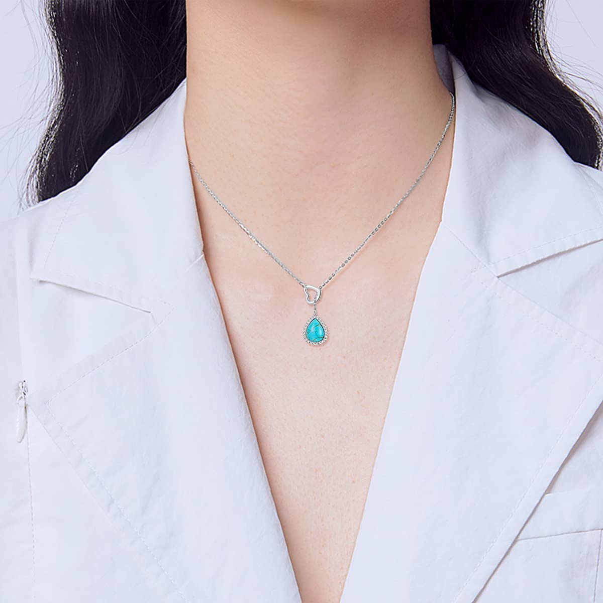 BETHZA Natural Turquoise Necklace for Women with Heart 925 Sterling Silver Genuine Teardrop Turquoise Y-Necklaces Jewelry Gifts for Christmas Birthday