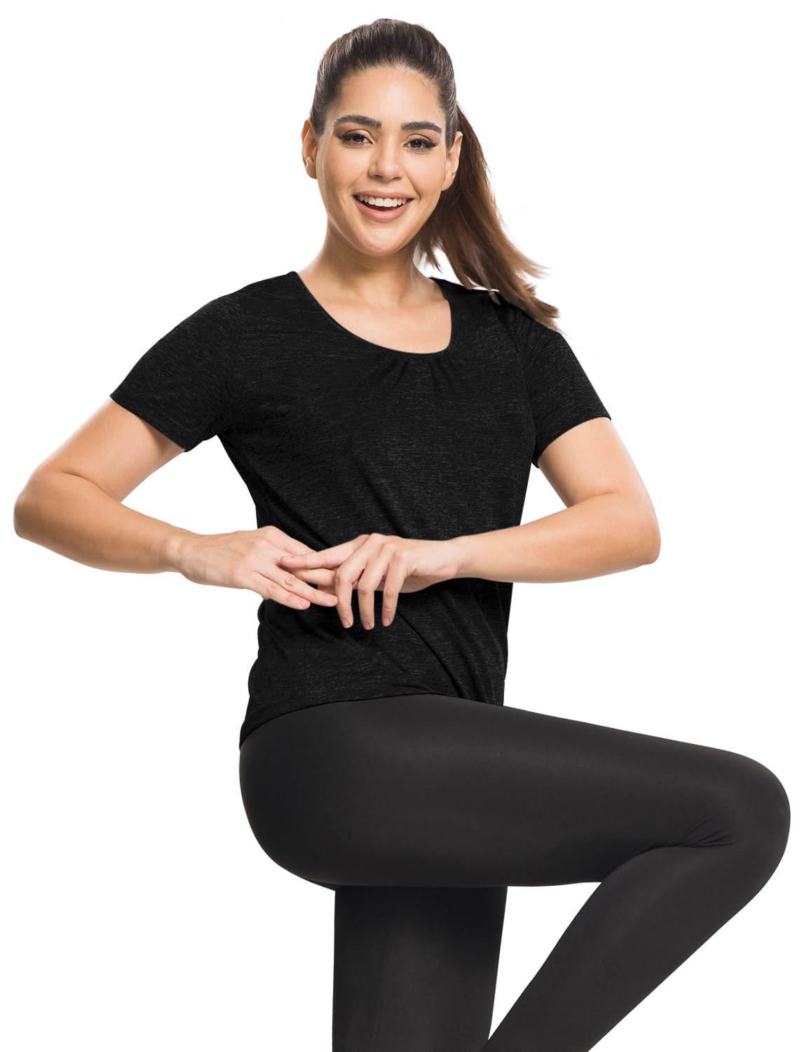 MISS FORTUNE Women's Workout Tops Short Sleeve Spring Shirts for Women Cute Casual Yoga Athletic & Work Loose Fit Summer Top D-black