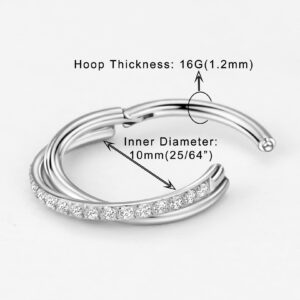 16g 8mm Silver 316L Surgical Steel Septum Rings Cubic Zirconia Nose Piercing Ring Twisted Hinged Nose Rings Hoop Cartilage Earring Lip Tragus Daith Rook Helix Piercing Jewelry 16 Gauge Septum Clicker