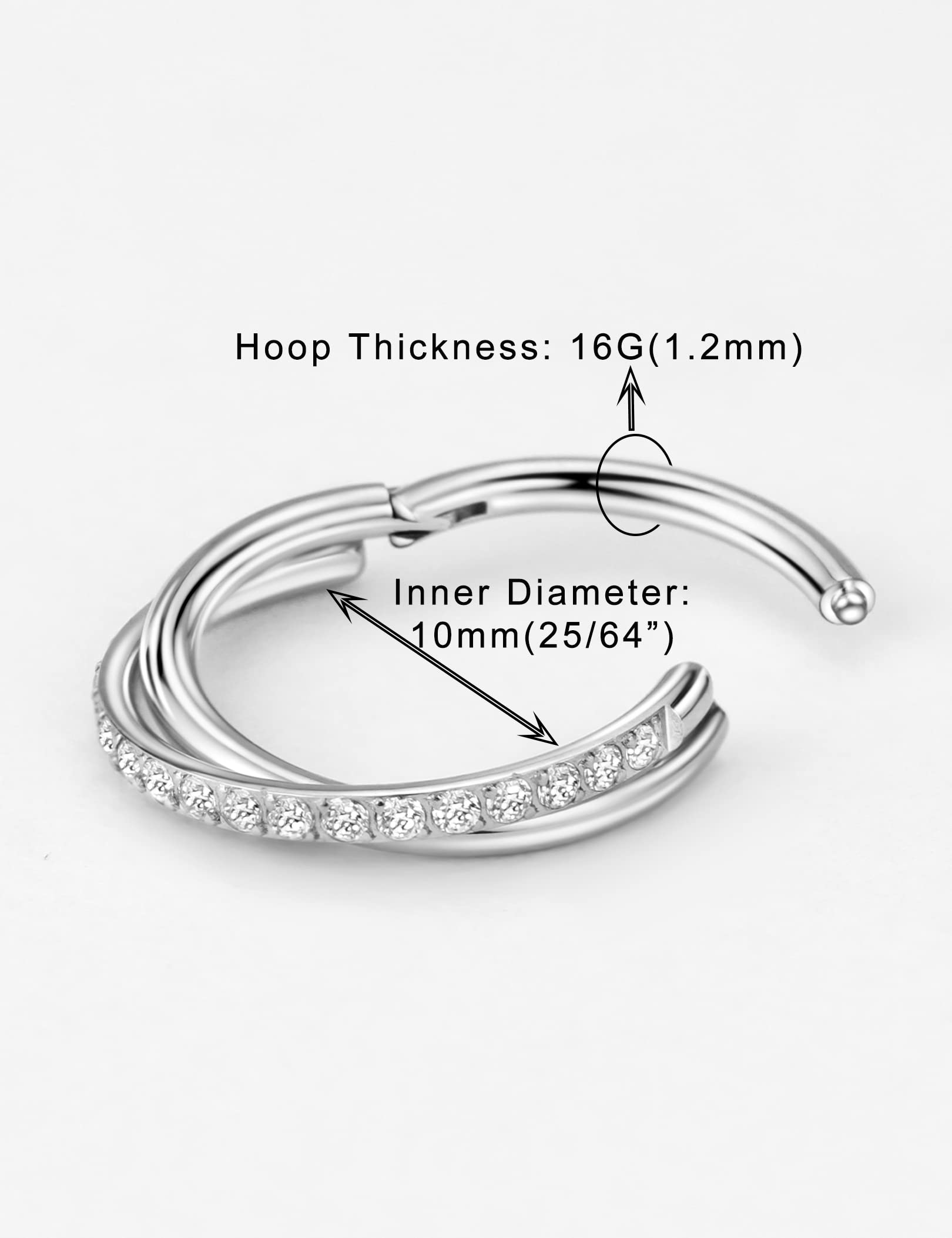 16g 8mm Silver 316L Surgical Steel Septum Rings Cubic Zirconia Nose Piercing Ring Twisted Hinged Nose Rings Hoop Cartilage Earring Lip Tragus Daith Rook Helix Piercing Jewelry 16 Gauge Septum Clicker