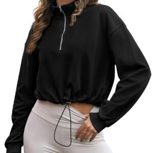 Flygo Womens Half Zip Sweatshirts Stand Collar Activewear Running Workout Pullover Tops(Black-S)