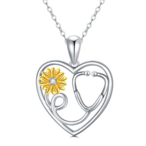 motiel personalized heart stethoscope necklace 10k 14k 18k gold nurse necklaces for women sunflower medical necklace for nurses gifts (white gold)