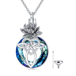 PROESS Waterlily Flower Cremation Jewelry for Ashes for Women Girls Sterling Silver Celtic Knot Heart Ashes Memorial Keepsake Necklace Circle Crystal Urn Cremation Jewelry