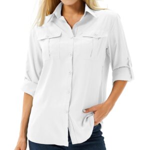 Women's UPF 50 Long Sleeve UV Sun Protection Safari Shirts Outdoor Quick Dry Fishing Travel Hiking Shirts #5070-White-XS