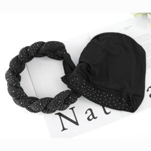 Urieo Twisted Braid Head Wrap Black Rhinestone Turban Hat African Beanie Headwrap for Women