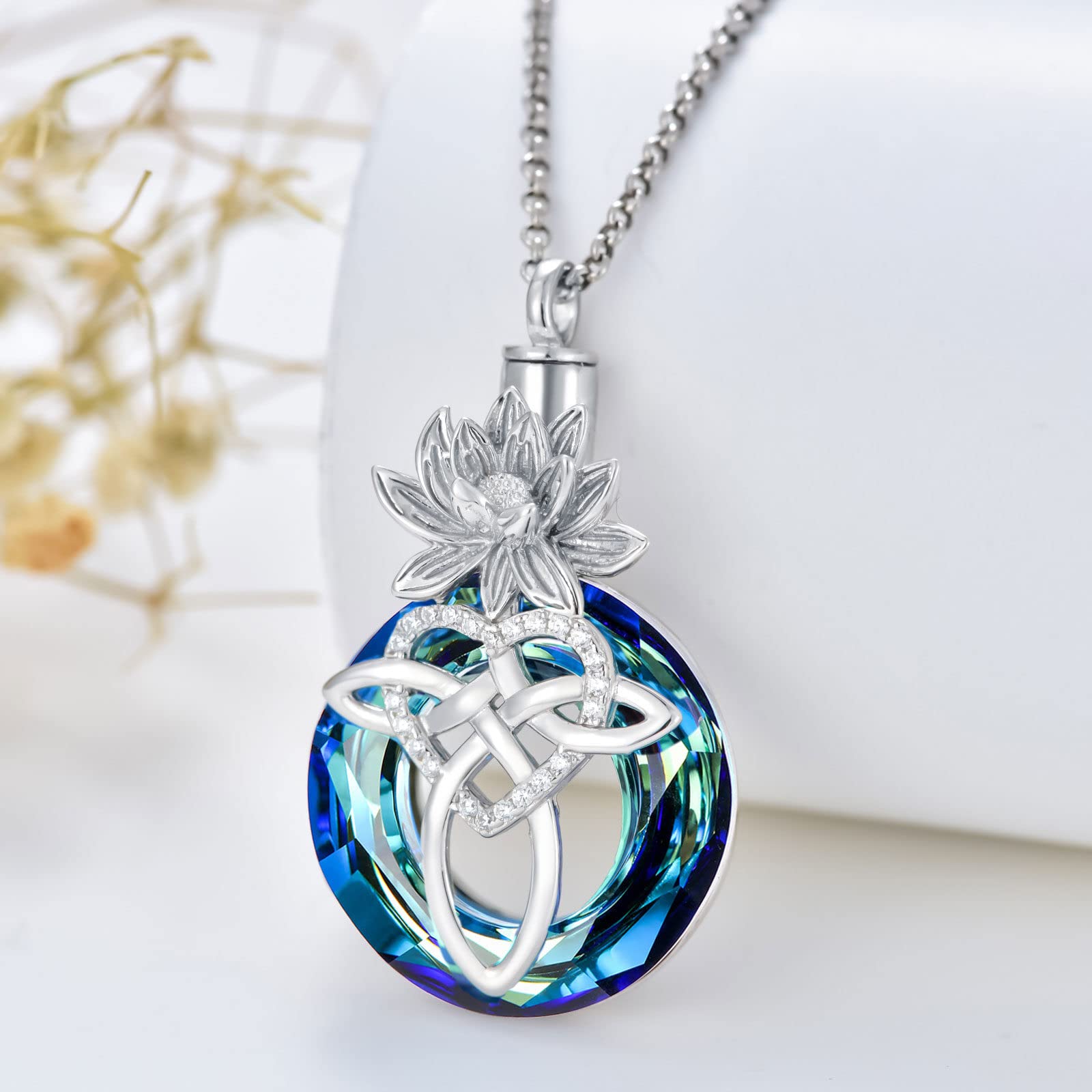 PROESS Waterlily Flower Cremation Jewelry for Ashes for Women Girls Sterling Silver Celtic Knot Heart Ashes Memorial Keepsake Necklace Circle Crystal Urn Cremation Jewelry