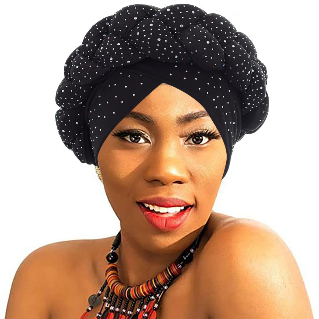 Urieo Twisted Braid Head Wrap Black Rhinestone Turban Hat African Beanie Headwrap for Women