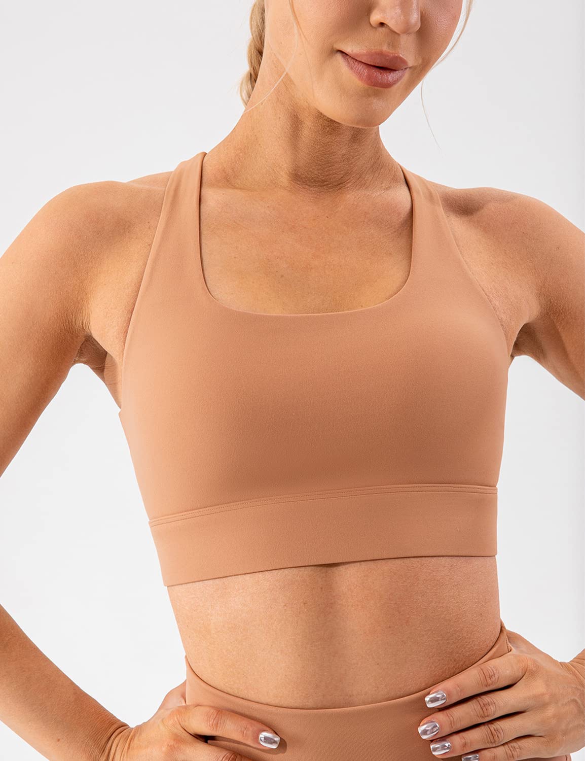 Lavento Women's Supportive Soft Sports Bra Open Racerback - Workout Yoga Training Bras Top (Pale Copper, 4)