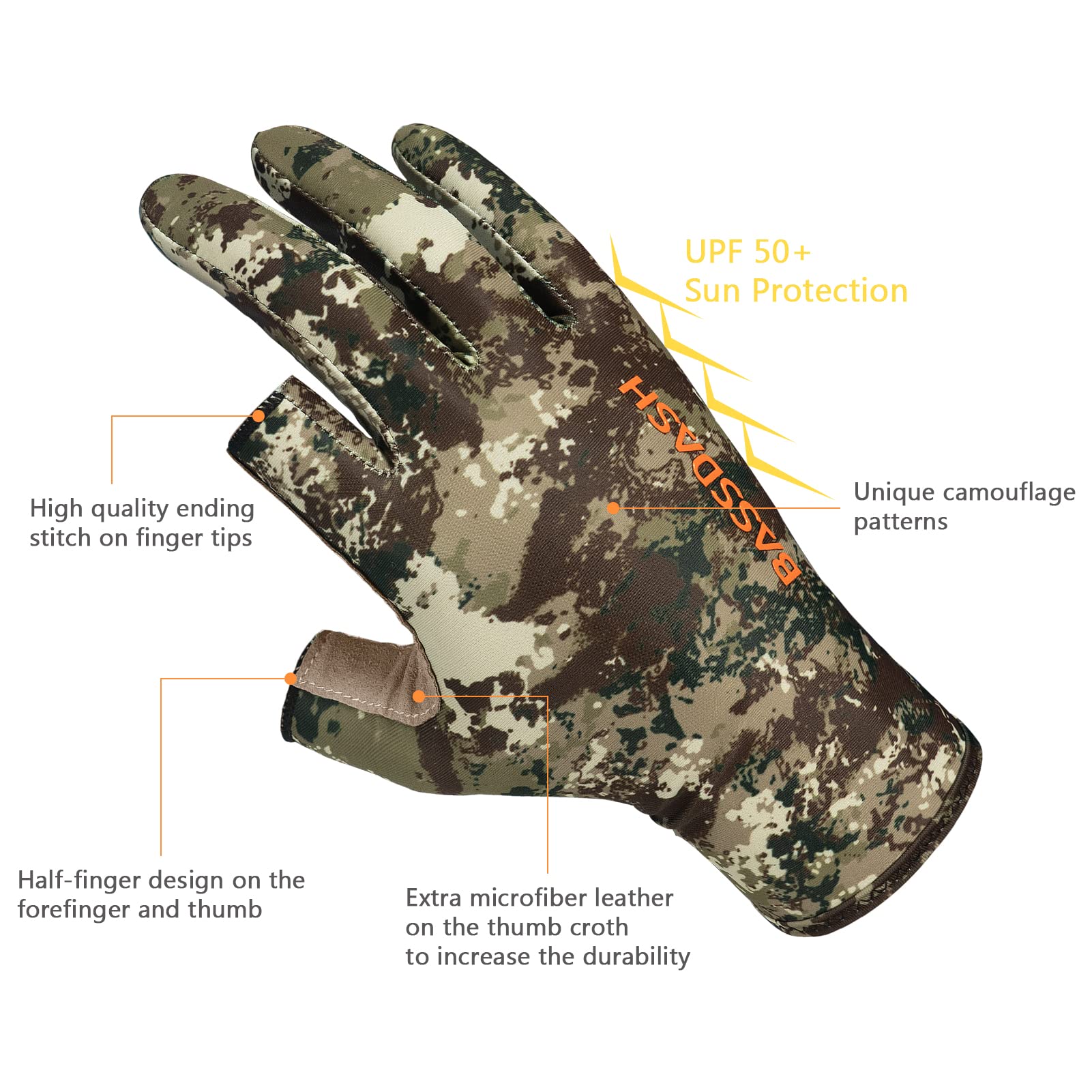 BASSDASH Unisex Fingerless Camo Hunting Gloves for Men's Women's Early Season Warm Weather UPF 50+ Lightweight Fishing Photography HG03