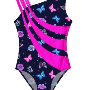 YEAHDOR Kids Girls Gymnastic Ballet Dance Leotard Print Leotard with Shiny Boyshort Set One Shoulder Bodysuit Sets Printed Hot Pink 14 Years